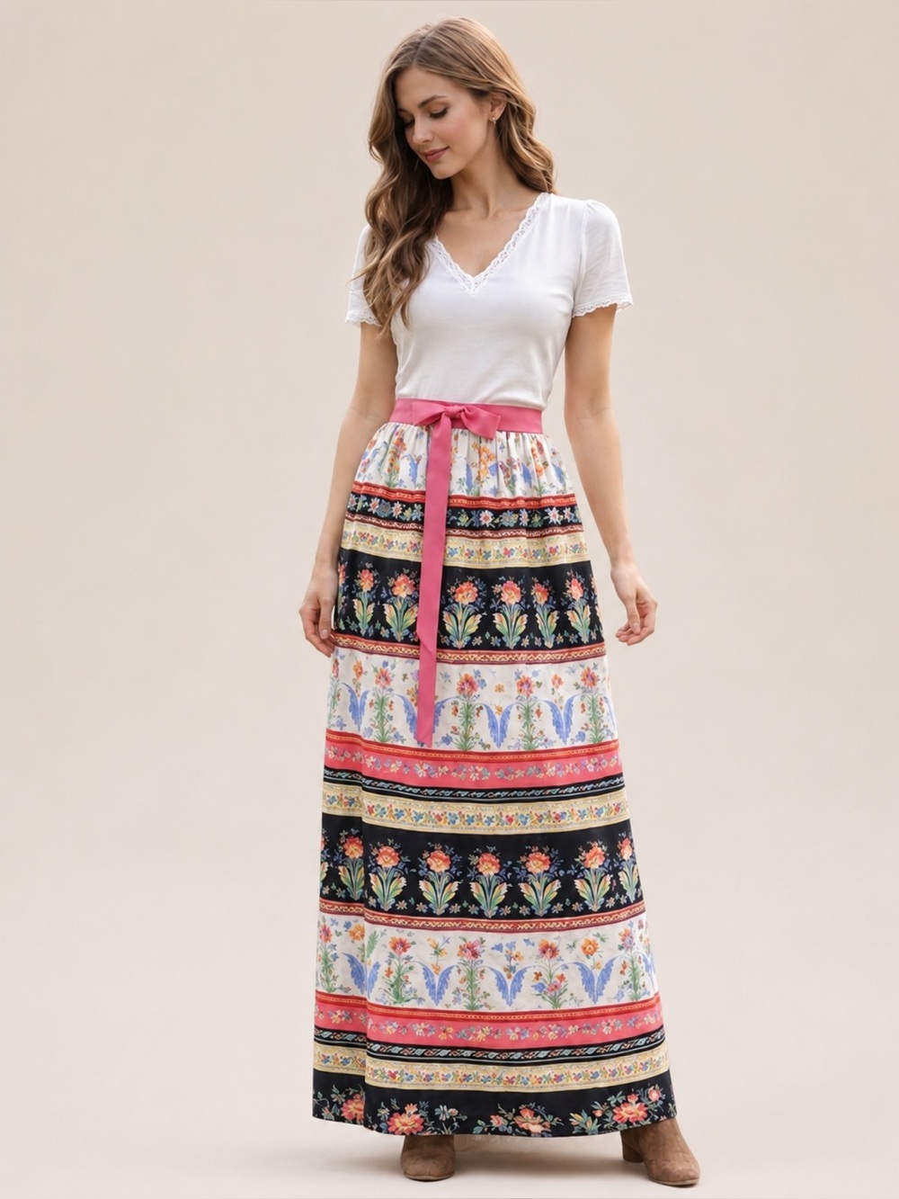 Vintage 70s Folk Floral Maxi Skirt XS Cottagecore Prairie Ribbon Tie